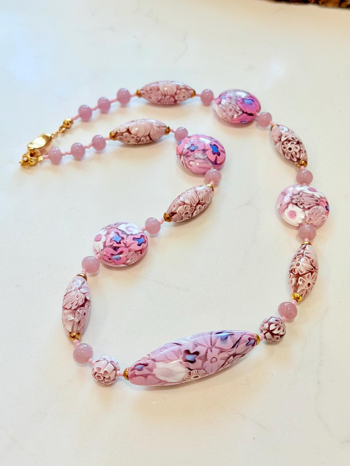Rosario Leonardi Pastel Pink 18”Necklace: FEATURING Ercole Moretti Murano Millefiori Glass Beads