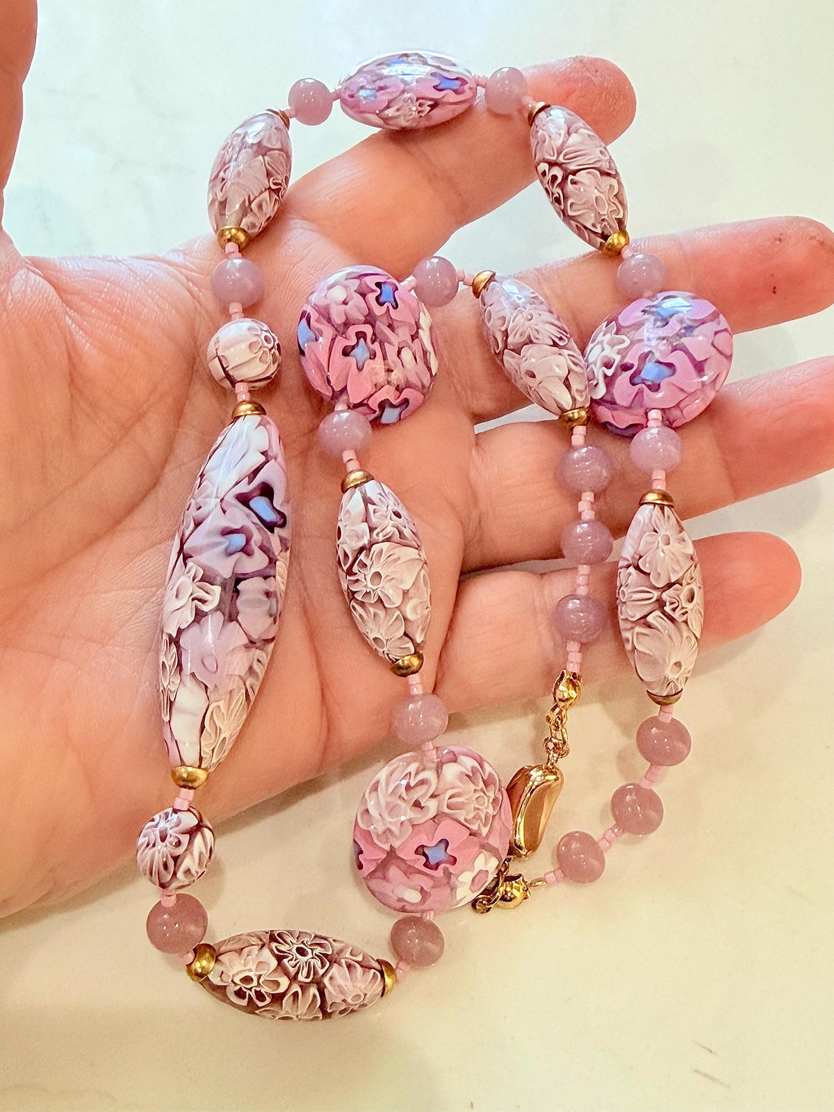 Rosario Leonardi Pastel Pink 18”Necklace: FEATURING Ercole Moretti Murano Millefiori Glass Beads