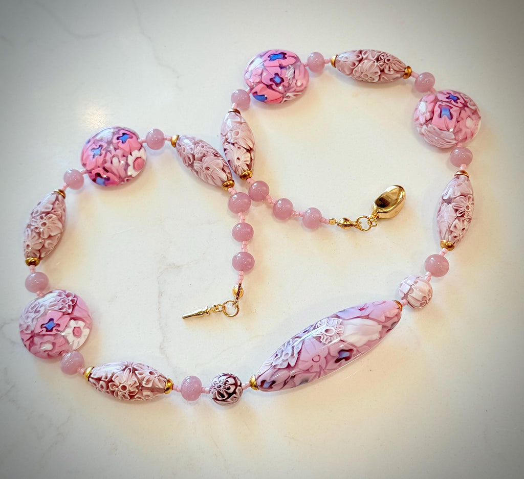 Rosario Leonardi Pastel Pink 18”Necklace: FEATURING Ercole Moretti Murano Millefiori Glass Beads