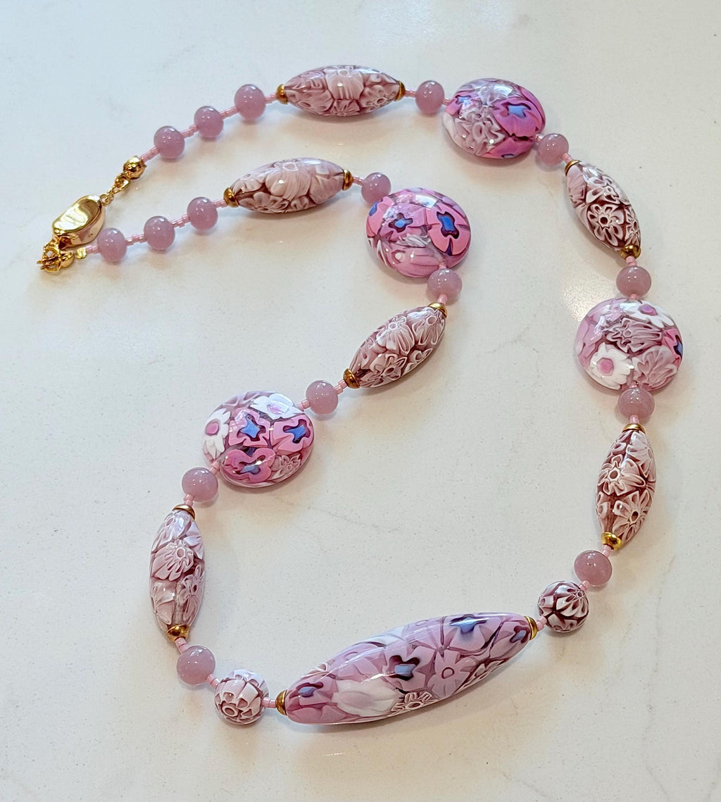 Rosario Leonardi Pastel Pink 18”Necklace: FEATURING Ercole Moretti Murano Millefiori Glass Beads