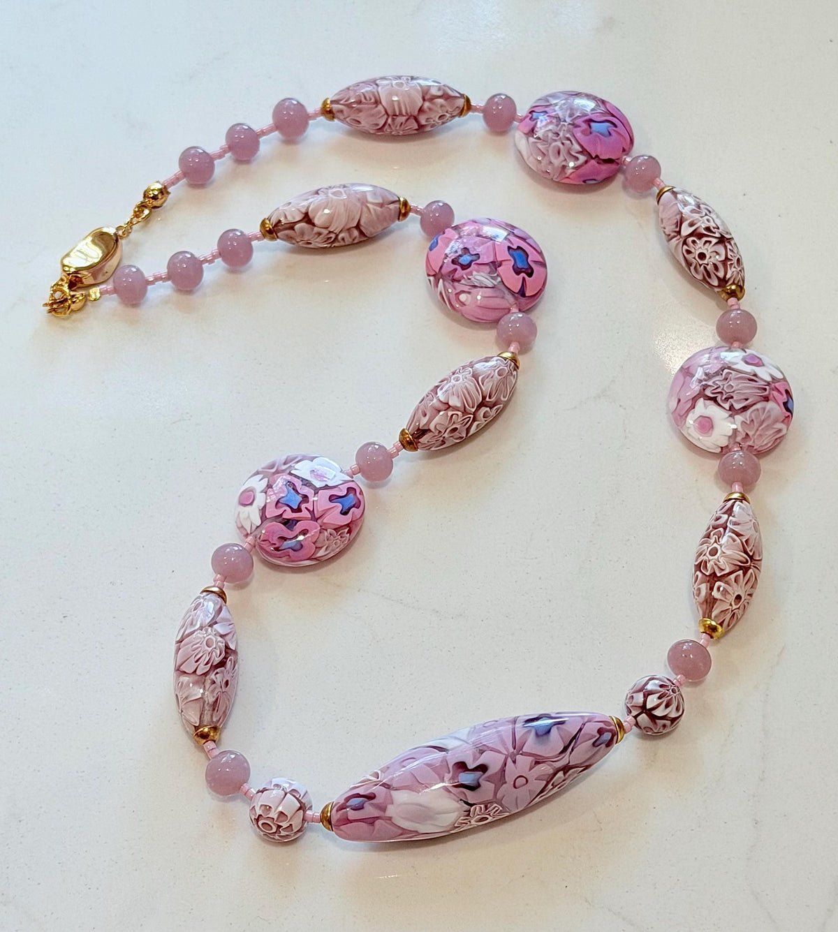 Rosario Leonardi Pastel Pink 18”Necklace: FEATURING Ercole Moretti Murano Millefiori Glass Beads