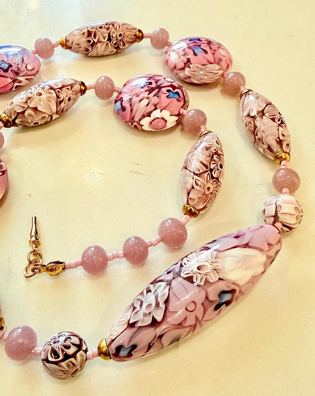 Rosario Leonardi Pastel Pink 18”Necklace: FEATURING Ercole Moretti Murano Millefiori Glass Beads