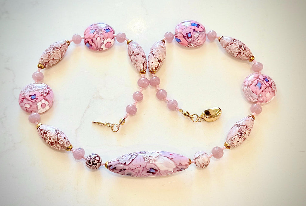 Rosario Leonardi Pastel Pink 18”Necklace: FEATURING Ercole Moretti Murano Millefiori Glass Beads