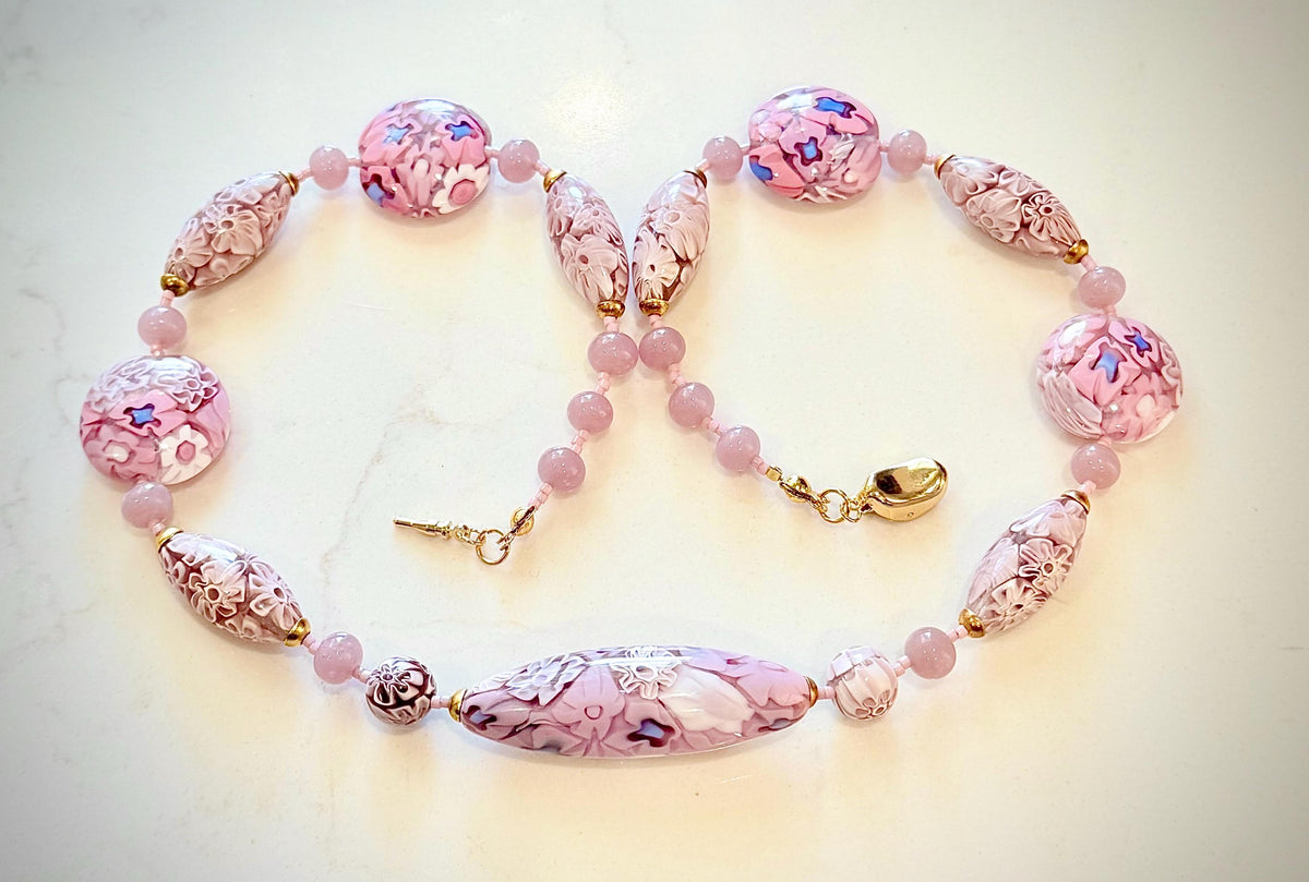 Rosario Leonardi Pastel Pink 18”Necklace: FEATURING Ercole Moretti Murano Millefiori Glass Beads
