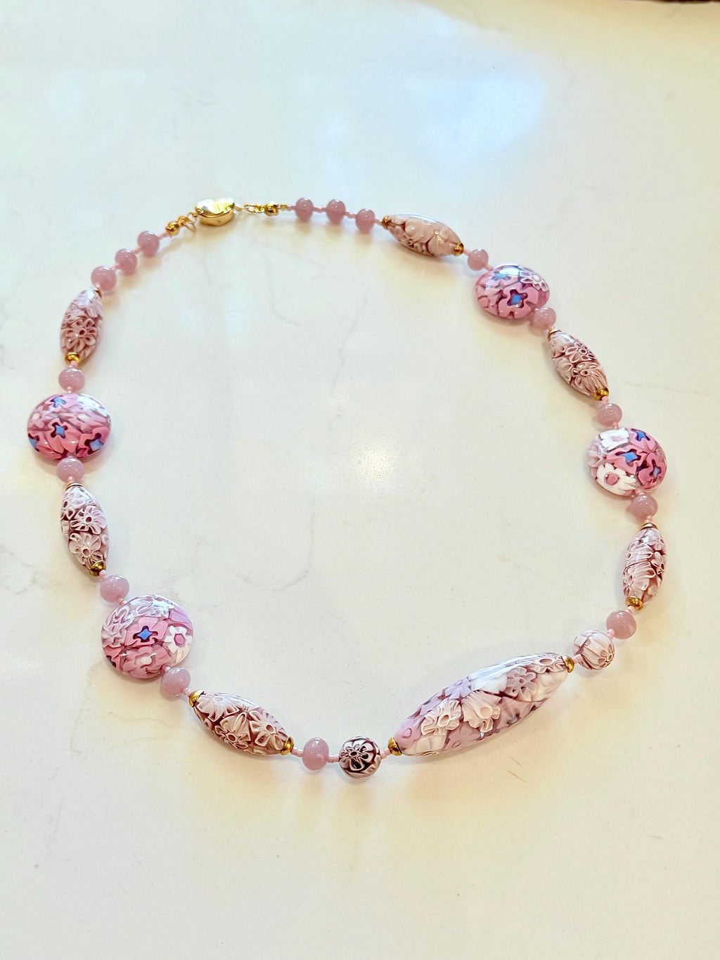 Rosario Leonardi Pastel Pink 18”Necklace: FEATURING Ercole Moretti Murano Millefiori Glass Beads