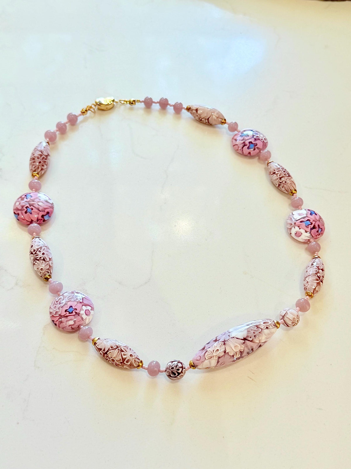 Rosario Leonardi Pastel Pink 18”Necklace: FEATURING Ercole Moretti Murano Millefiori Glass Beads