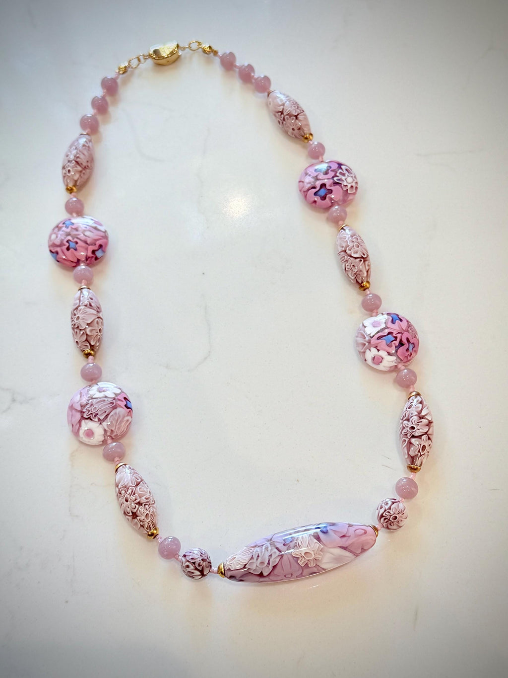 Rosario Leonardi Pastel Pink 18”Necklace: FEATURING Ercole Moretti Murano Millefiori Glass Beads