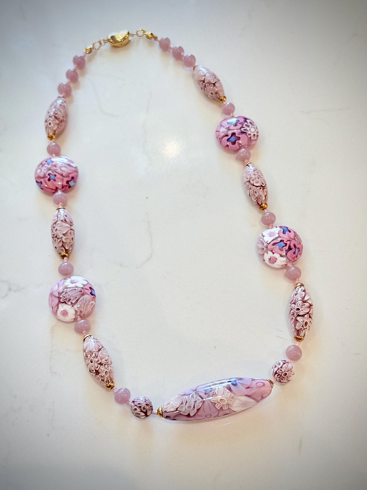 Rosario Leonardi Pastel Pink 18”Necklace: FEATURING Ercole Moretti Murano Millefiori Glass Beads