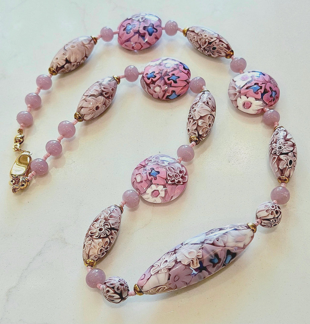 Rosario Leonardi Pastel Pink 18”Necklace: FEATURING Ercole Moretti Murano Millefiori Glass Beads