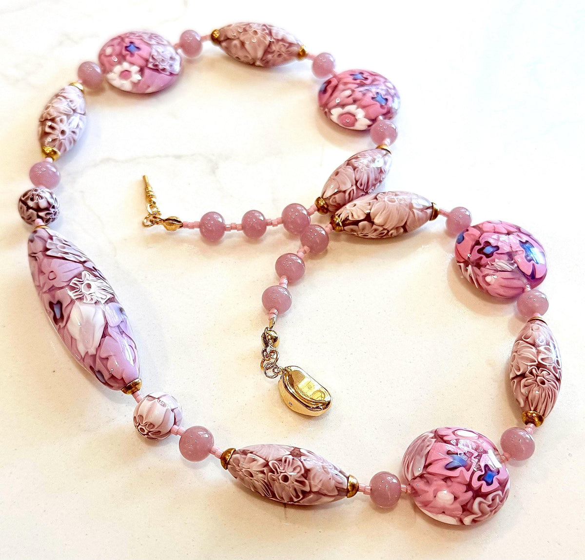 Rosario Leonardi Pastel Pink 18”Necklace: FEATURING Ercole Moretti Murano Millefiori Glass Beads