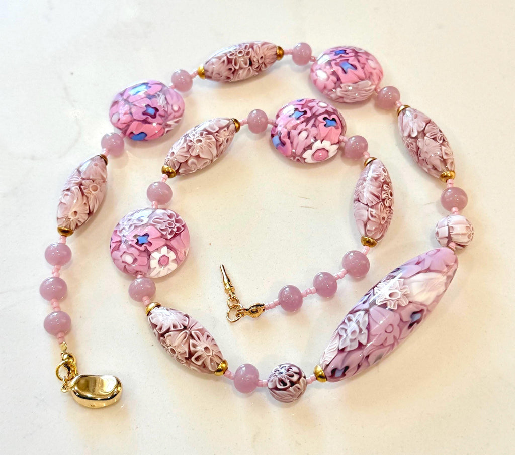 Rosario Leonardi Pastel Pink 18”Necklace: FEATURING Ercole Moretti Murano Millefiori Glass Beads