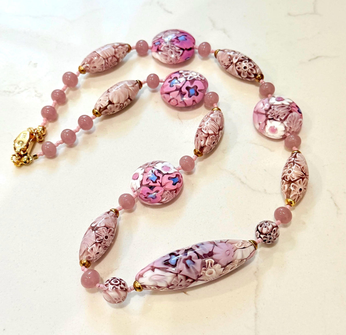 Rosario Leonardi Pastel Pink 18”Necklace: FEATURING Ercole Moretti Murano Millefiori Glass Beads