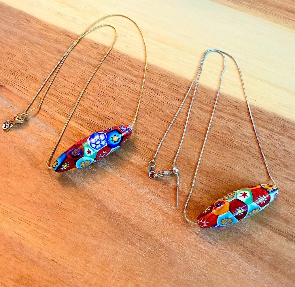 Murano Millefiori Glass Necklace, Exclusive Ercole Moretti Oval Bead, Stainless Steel Chain