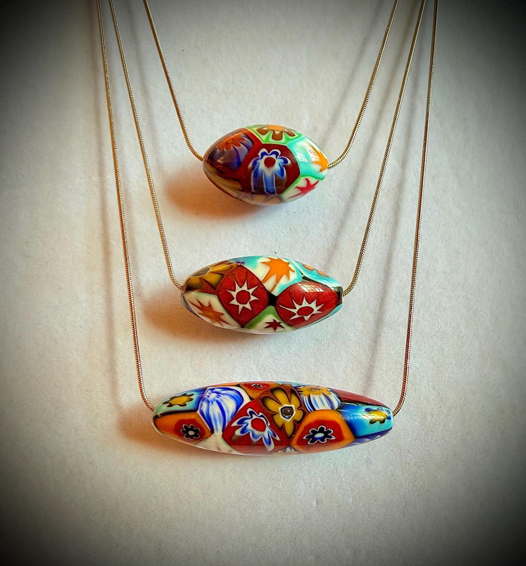 Murano Millefiori Glass Necklace, Exclusive Ercole Moretti Oval Bead, Stainless Steel Chain
