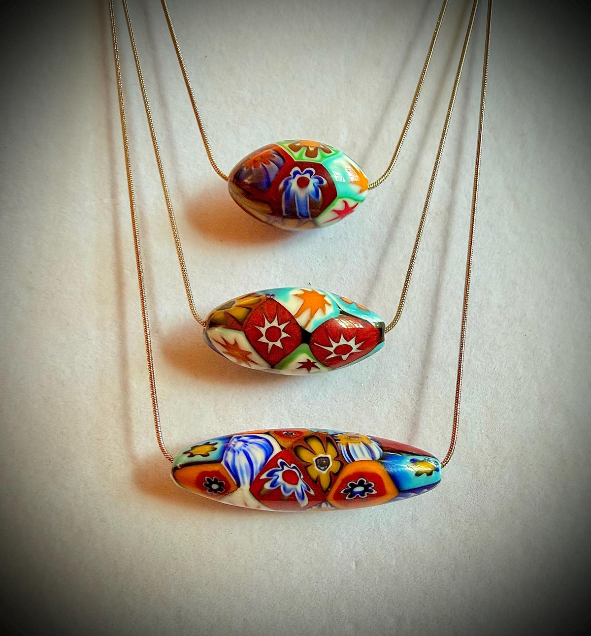 Murano Millefiori Glass Necklace, Exclusive Ercole Moretti Oval Bead, Stainless Steel Chain