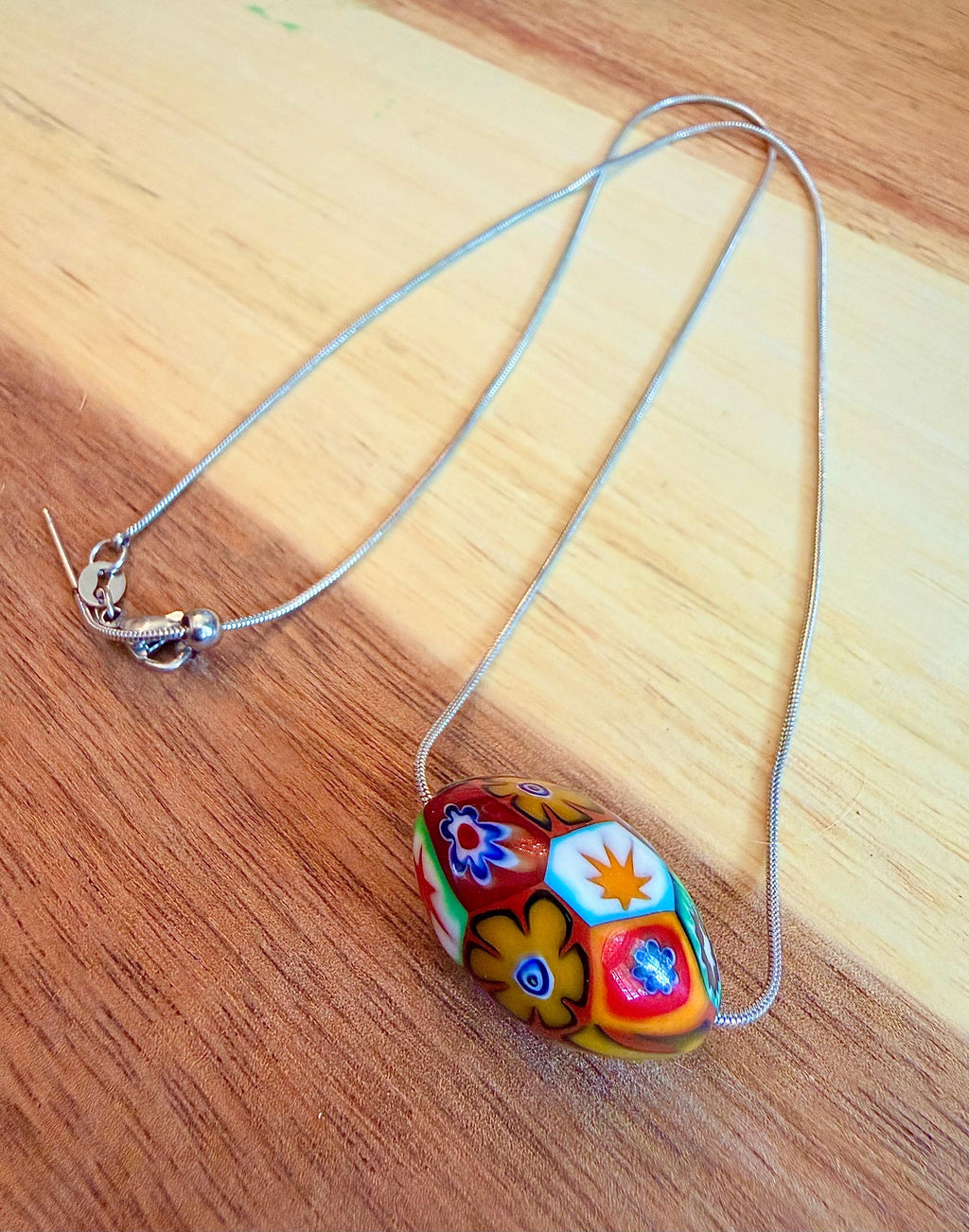 Murano Millefiori Glass Necklace, Exclusive Ercole Moretti Oval Bead, Stainless Steel Chain