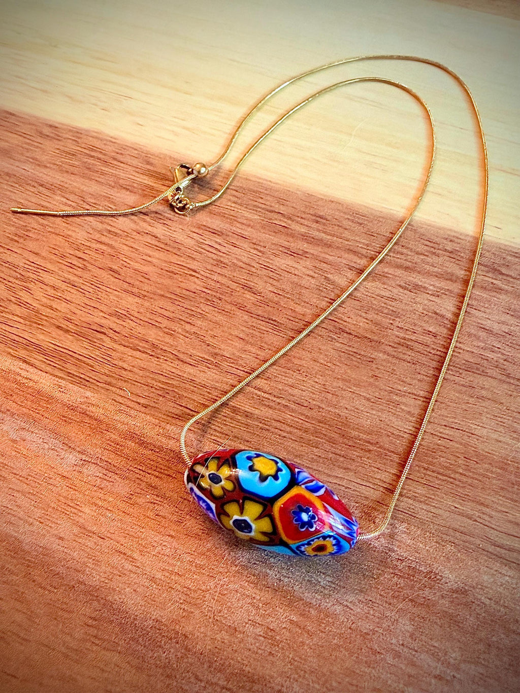 Murano Millefiori Glass Necklace, Exclusive Ercole Moretti Oval Bead, Stainless Steel Chain
