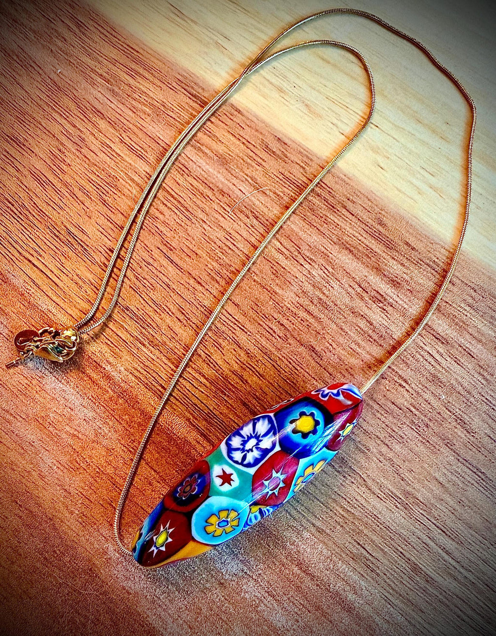 Murano Millefiori Glass Necklace, Exclusive Ercole Moretti Oval Bead, Stainless Steel Chain