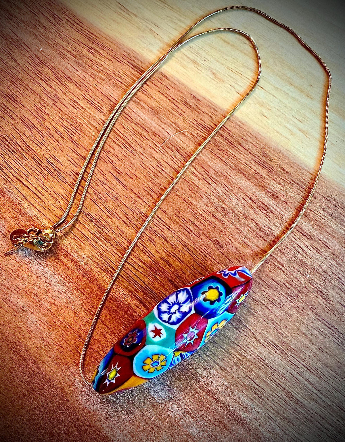 Murano Millefiori Glass Necklace, Exclusive Ercole Moretti Oval Bead, Stainless Steel Chain
