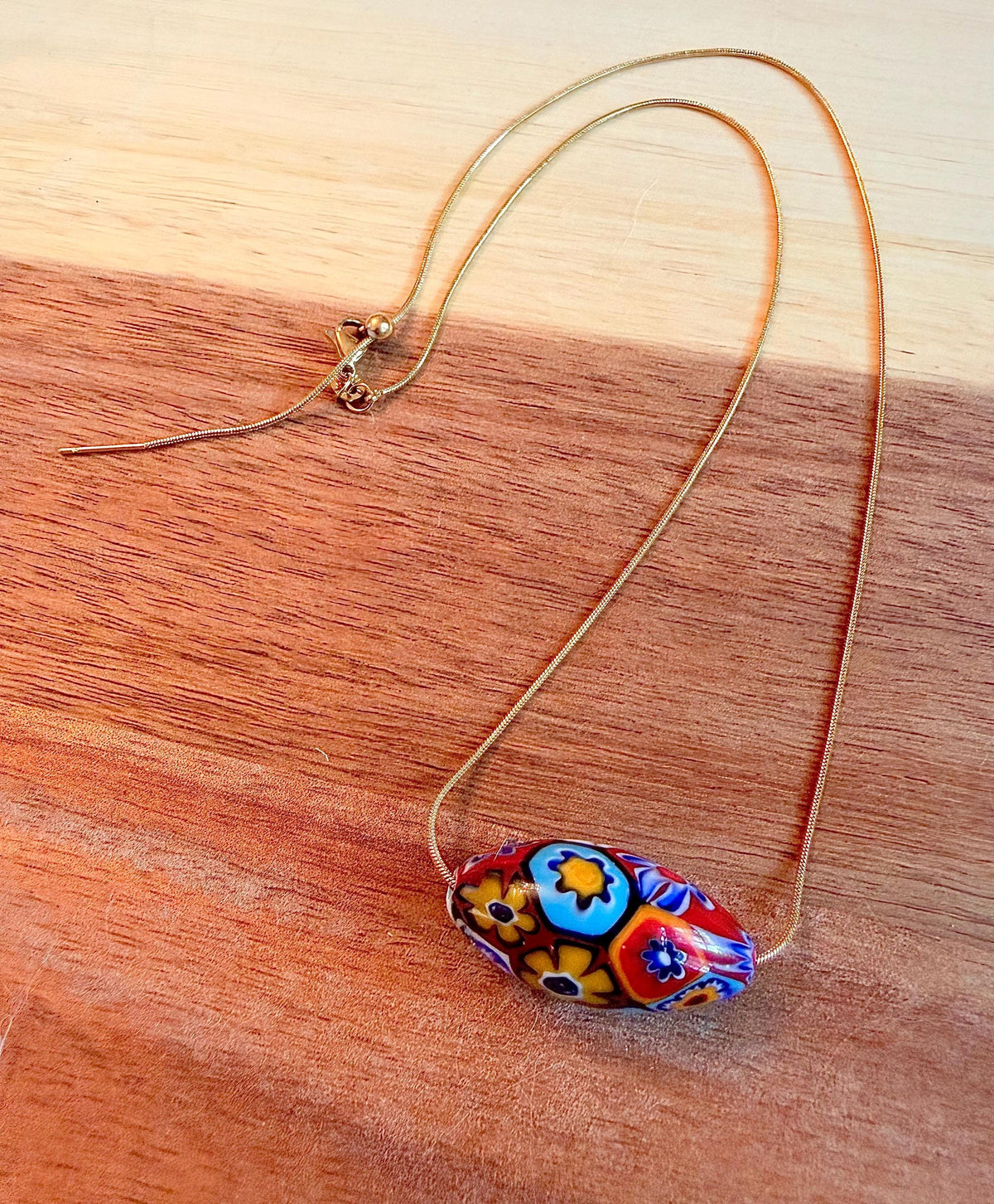 Murano Millefiori Glass Necklace, Exclusive Ercole Moretti Oval Bead, Stainless Steel Chain