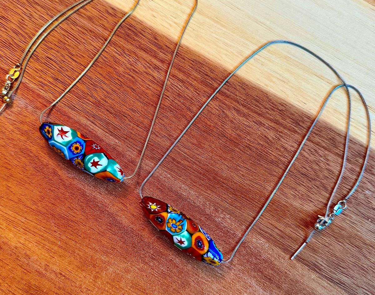 Murano Millefiori Glass Necklace, Exclusive Ercole Moretti Oval Bead, Stainless Steel Chain