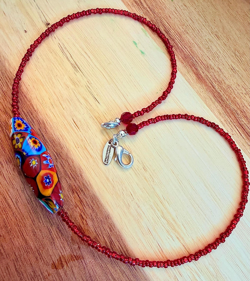 Red Seed Bead Murano Millefiori Glass Necklace Featuring EXCLUSIVE Ercole Moretti Beads