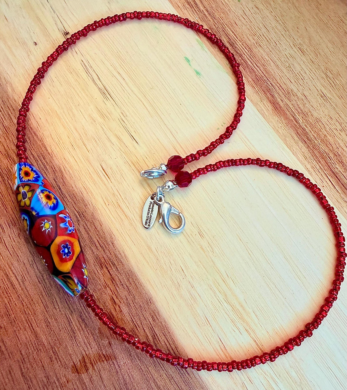Red Seed Bead Murano Millefiori Glass Necklace Featuring EXCLUSIVE Ercole Moretti Beads