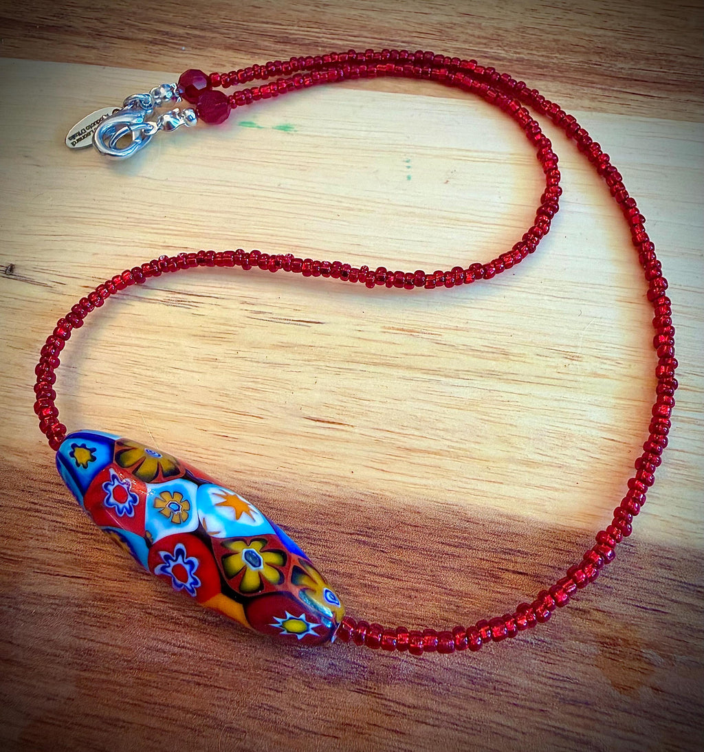 Red Seed Bead Murano Millefiori Glass Necklace Featuring EXCLUSIVE Ercole Moretti Beads