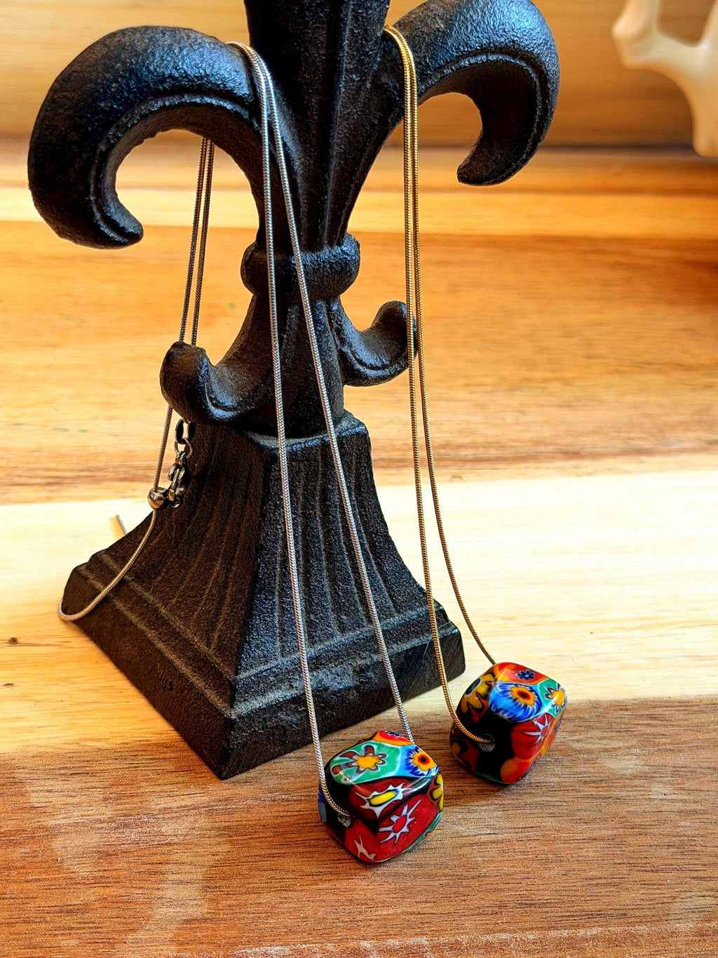 Murano Millefiori Chunky Cube Bead Necklace, Exclusive Ercole Moretti Glass, Stainless Steel Chain