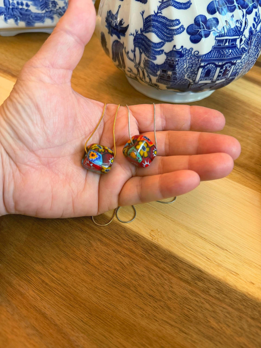 Murano Millefiori Chunky Cube Bead Necklace, Exclusive Ercole Moretti Glass, Stainless Steel Chain