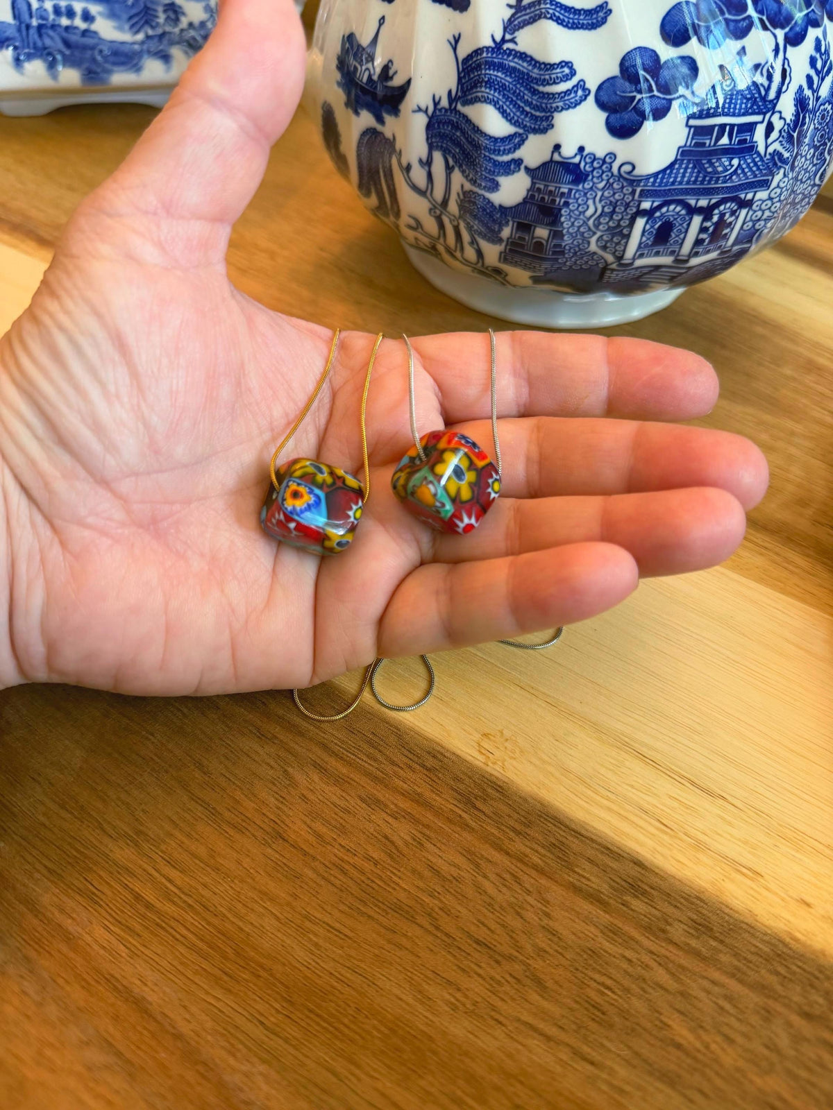Murano Millefiori Chunky Cube Bead Necklace, Exclusive Ercole Moretti Glass, Stainless Steel Chain