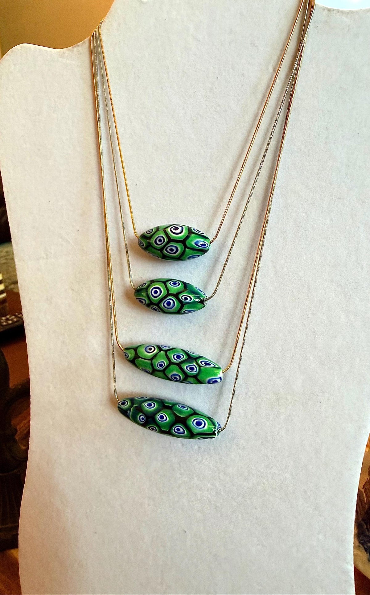 Green Blue Murano Millefiori Oval Necklace, Exclusive Ercole Moretti Glass Bead