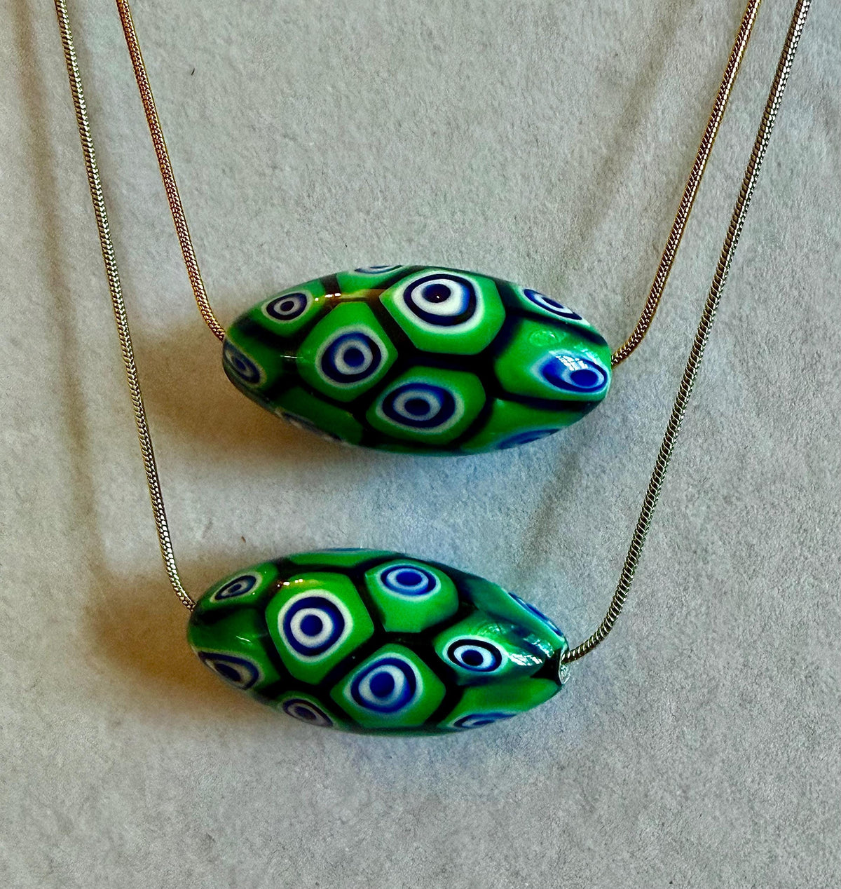 Green Blue Murano Millefiori Oval Necklace, Exclusive Ercole Moretti Glass Bead