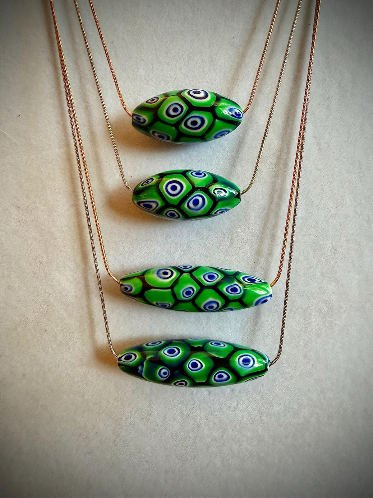 Green Blue Murano Millefiori Oval Necklace, Exclusive Ercole Moretti Glass Bead
