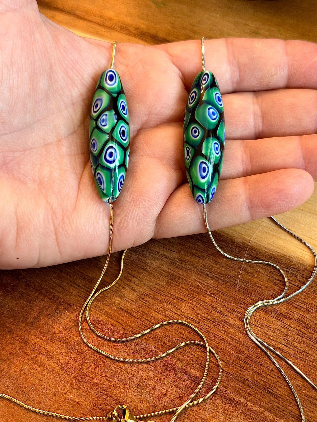 Green Blue Murano Millefiori Oval Necklace, Exclusive Ercole Moretti Glass Bead