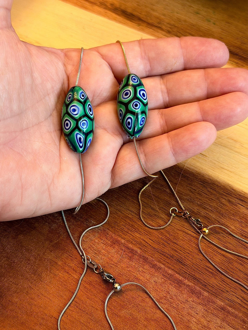 Green Blue Murano Millefiori Oval Necklace, Exclusive Ercole Moretti Glass Bead