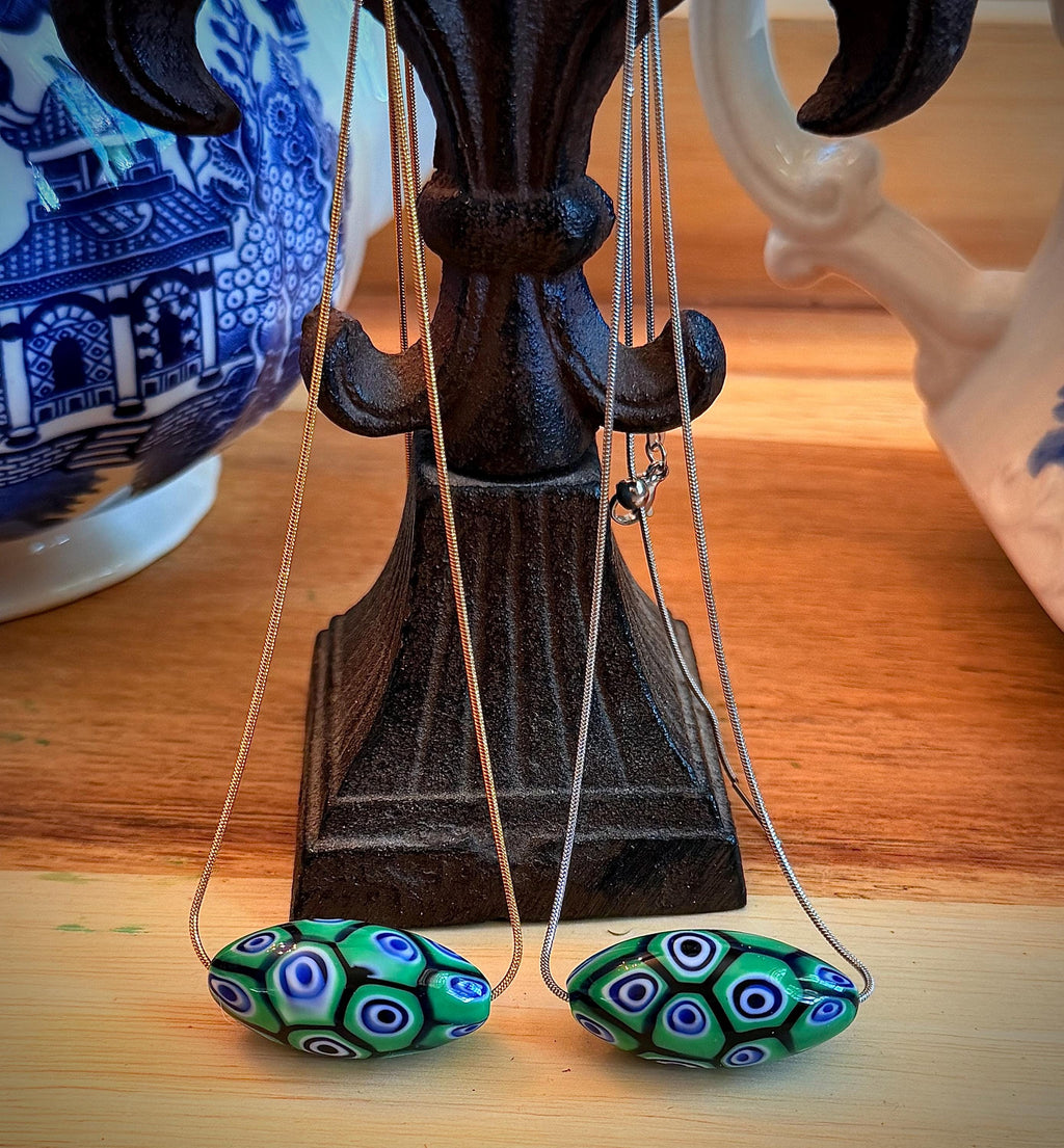 Green Blue Murano Millefiori Oval Necklace, Exclusive Ercole Moretti Glass Bead
