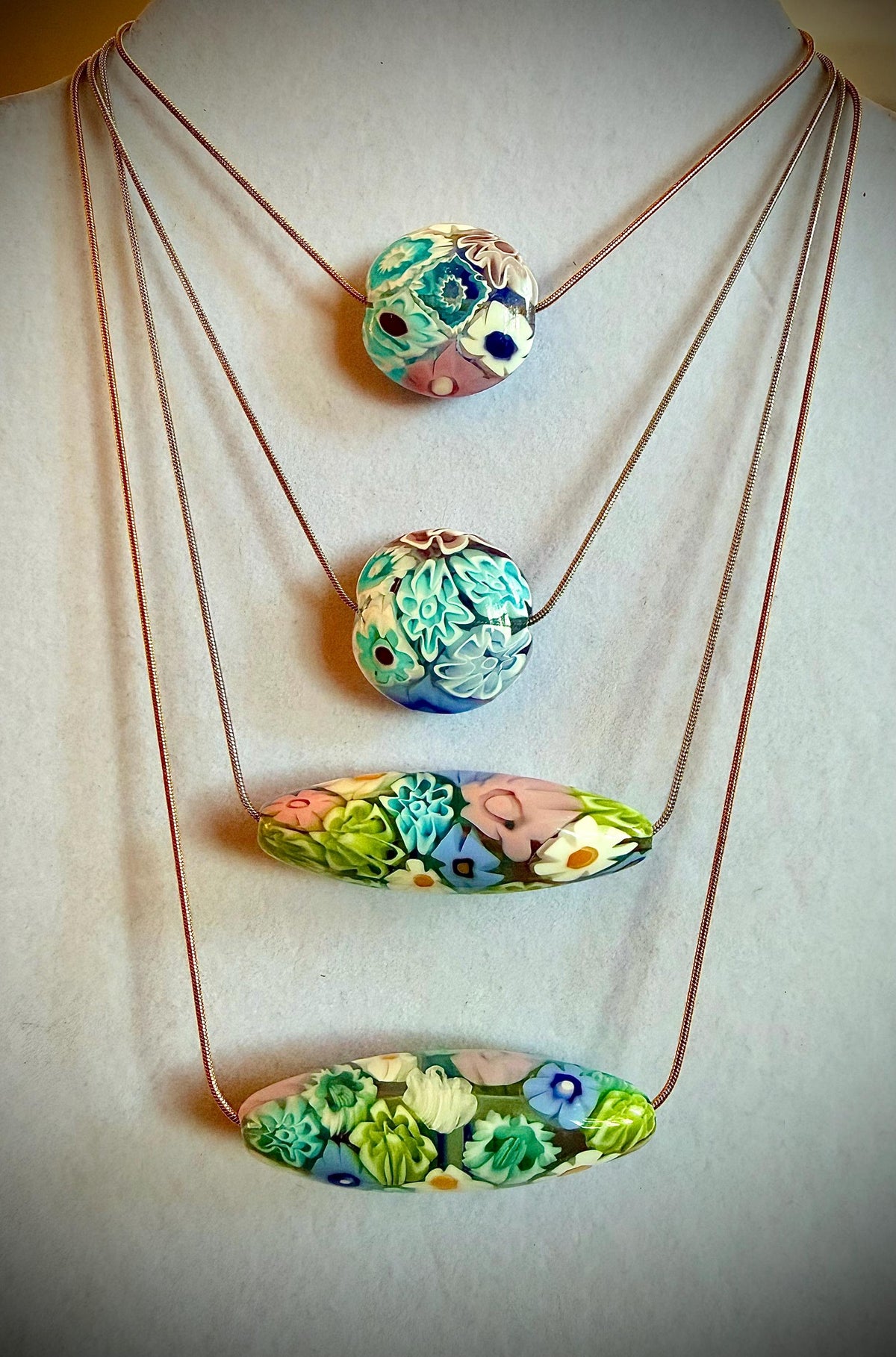 Rosario Leonardi Mixed Pastel Millefiori Glass Pendant Necklace – Exclusive Ercole Moretti Beads