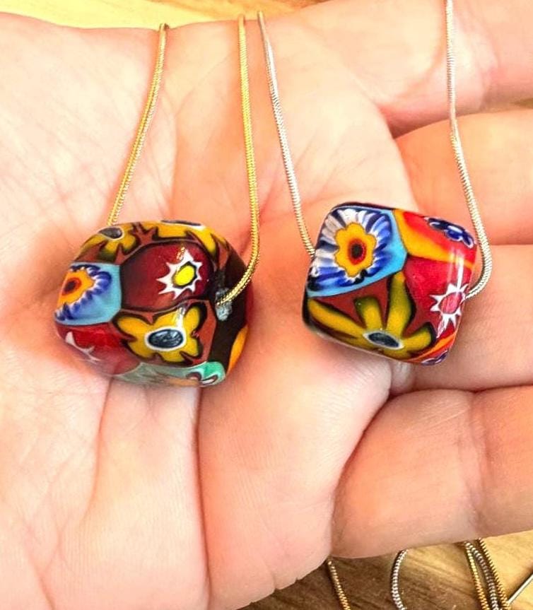 Murano Millefiori Chunky Cube Bead Necklace, Exclusive Ercole Moretti Glass, Stainless Steel Chain