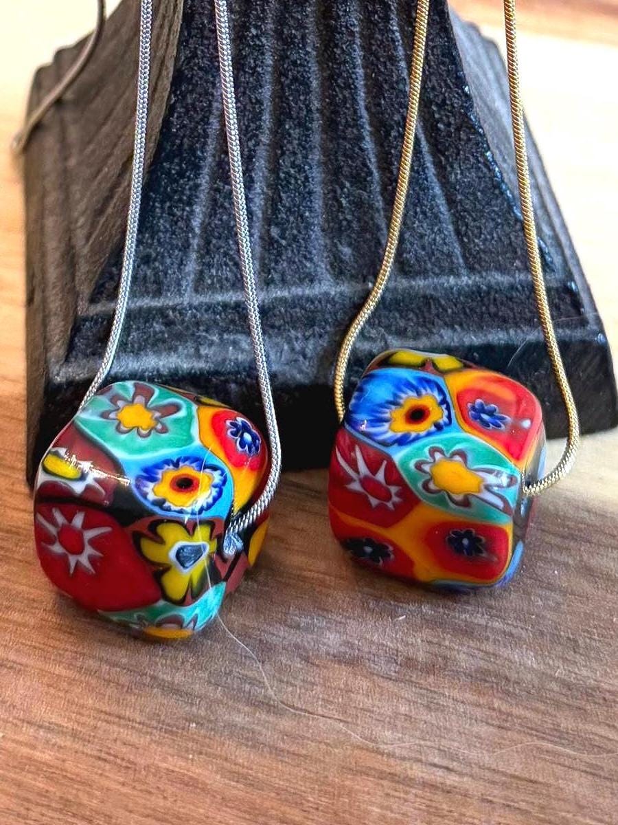 Murano Millefiori Chunky Cube Bead Necklace, Exclusive Ercole Moretti Glass, Stainless Steel Chain
