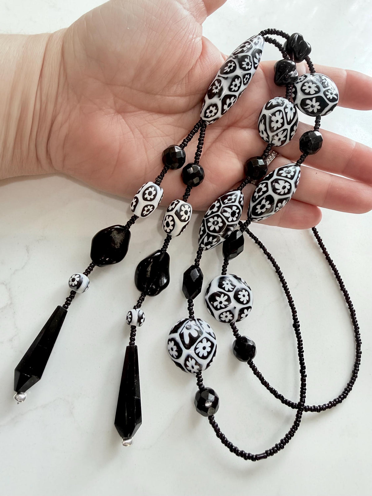 Rosario Leonardi Black White 40”Necklace: FEATURING Ercole Moretti Murano Millefiori Glass Beads