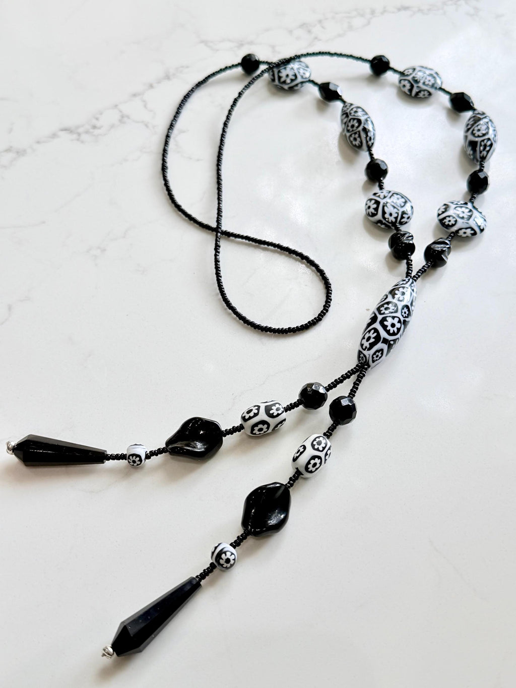 Rosario Leonardi Black White 40”Necklace: FEATURING Ercole Moretti Murano Millefiori Glass Beads