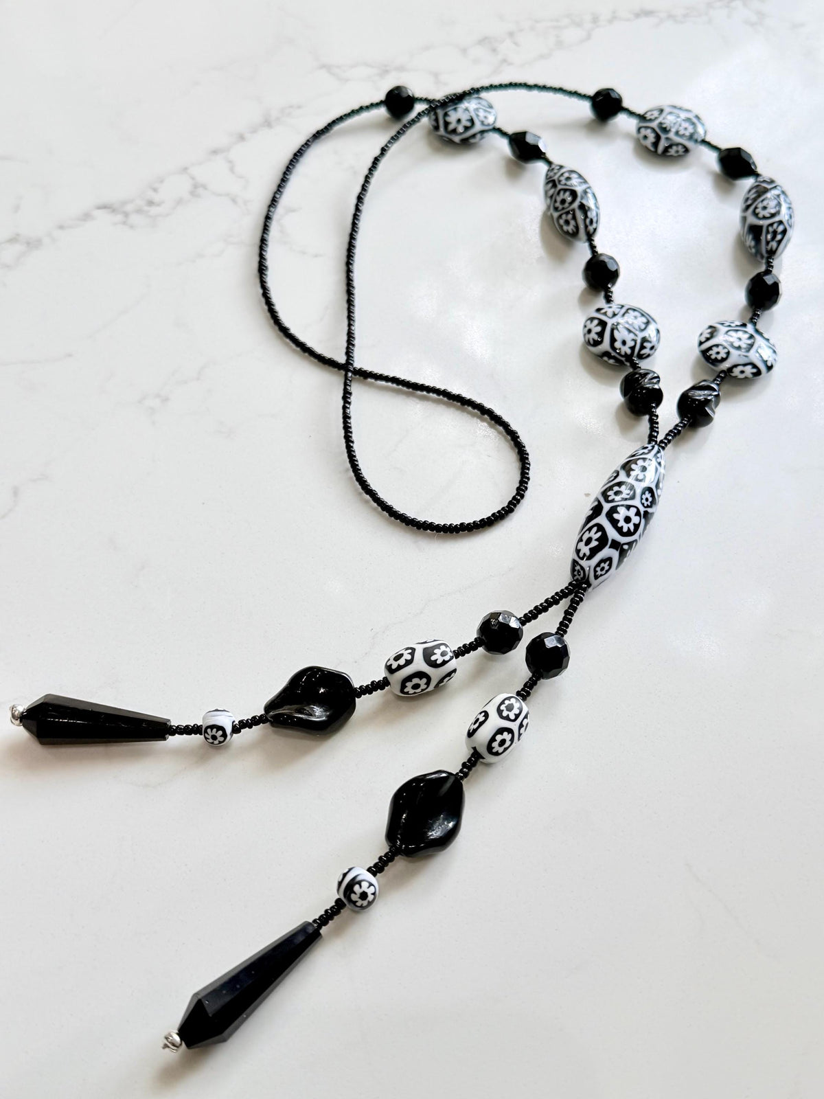 Rosario Leonardi Black White 40”Necklace: FEATURING Ercole Moretti Murano Millefiori Glass Beads