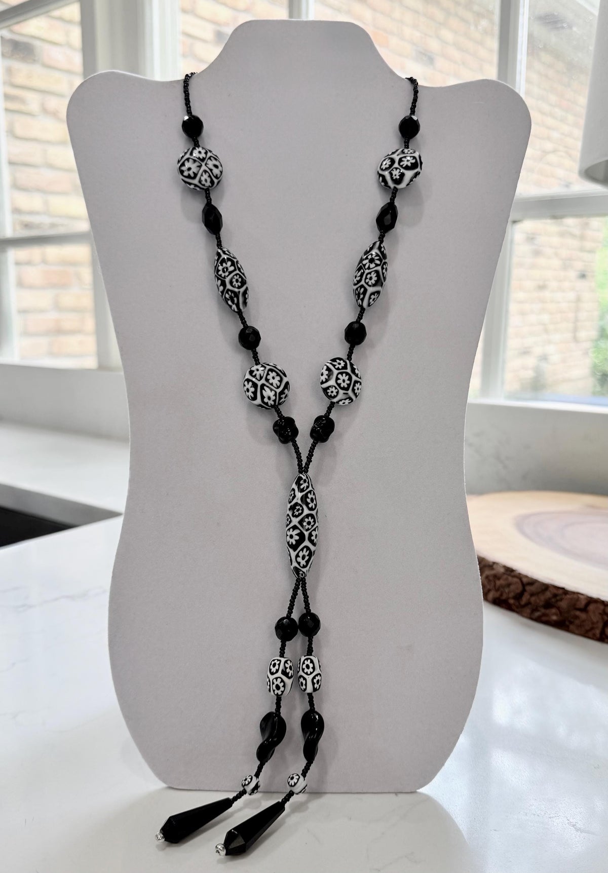 Rosario Leonardi Black White 40”Necklace: FEATURING Ercole Moretti Murano Millefiori Glass Beads