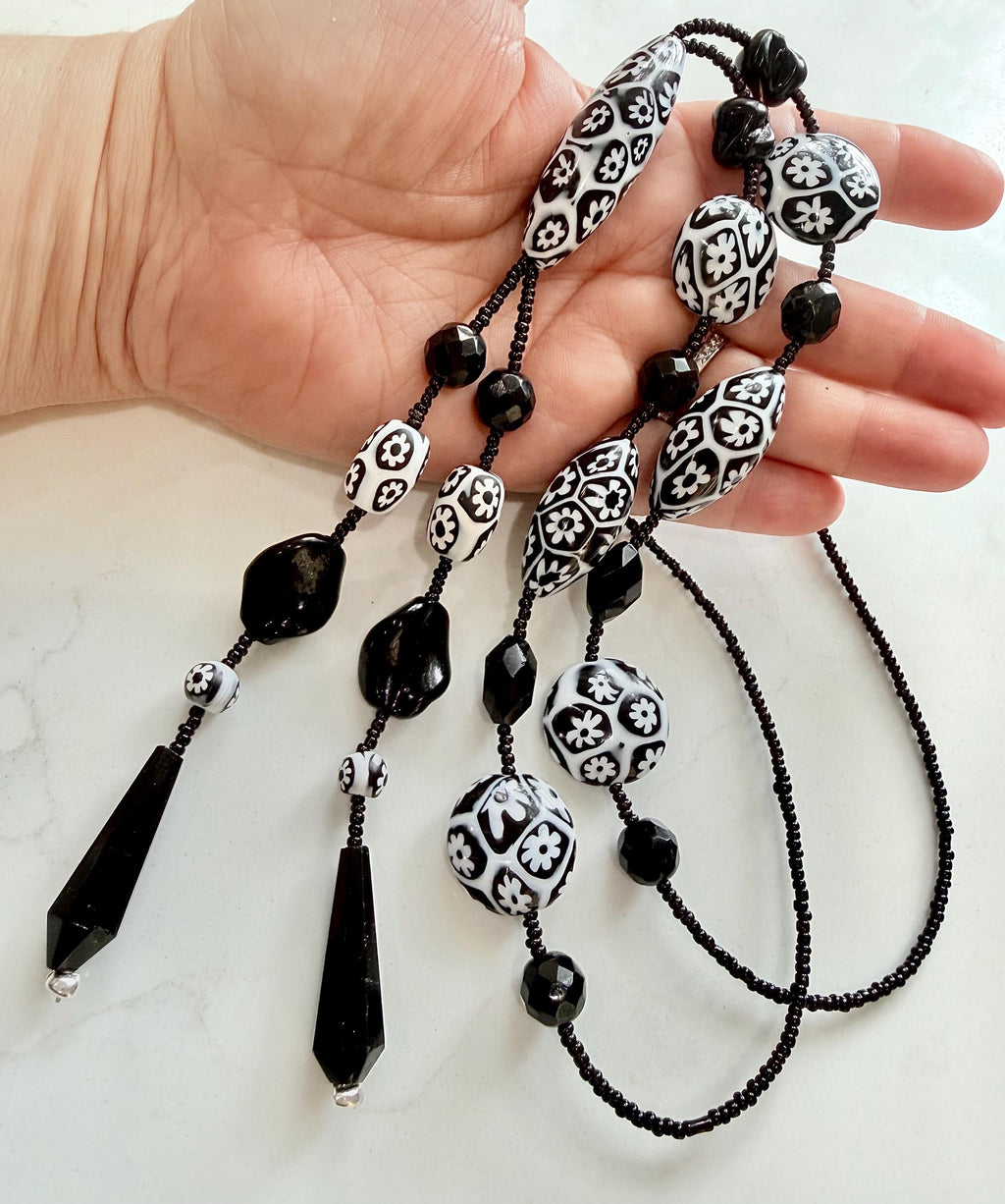 Rosario Leonardi Black White 40”Necklace: FEATURING Ercole Moretti Murano Millefiori Glass Beads
