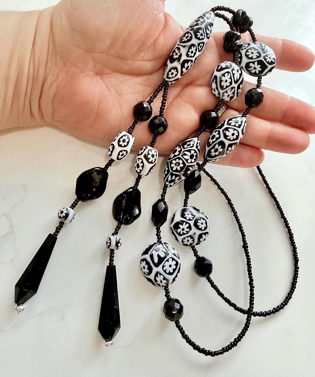 Rosario Leonardi Black White 40”Necklace: FEATURING Ercole Moretti Murano Millefiori Glass Beads