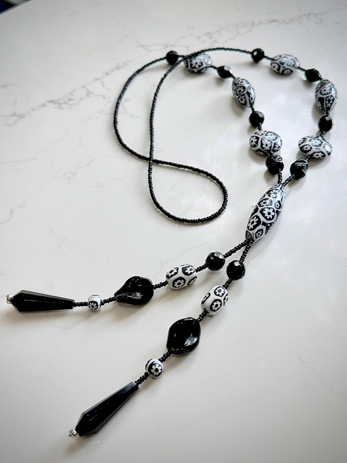 Rosario Leonardi Black White 40”Necklace: FEATURING Ercole Moretti Murano Millefiori Glass Beads