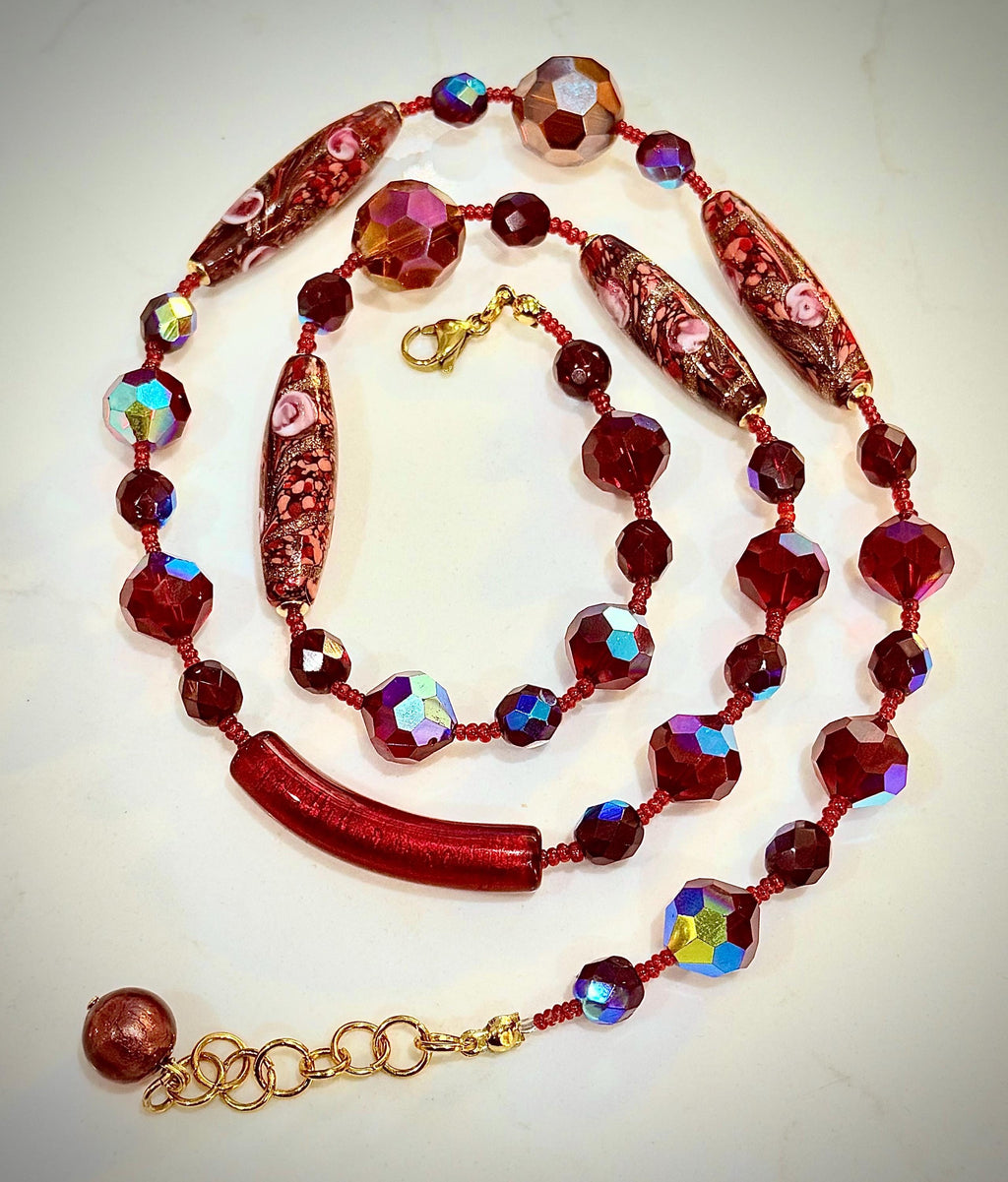 Rosario Leonardi Necklace – Red Torpedo Beads, Swarovski Crystals, Venetian Glass