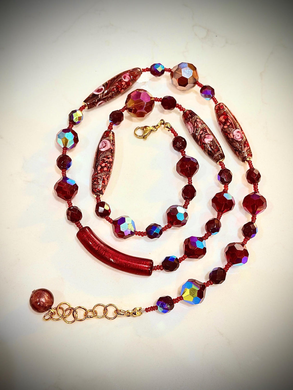 Rosario Leonardi Necklace – Red Torpedo Beads, Swarovski Crystals, Venetian Glass