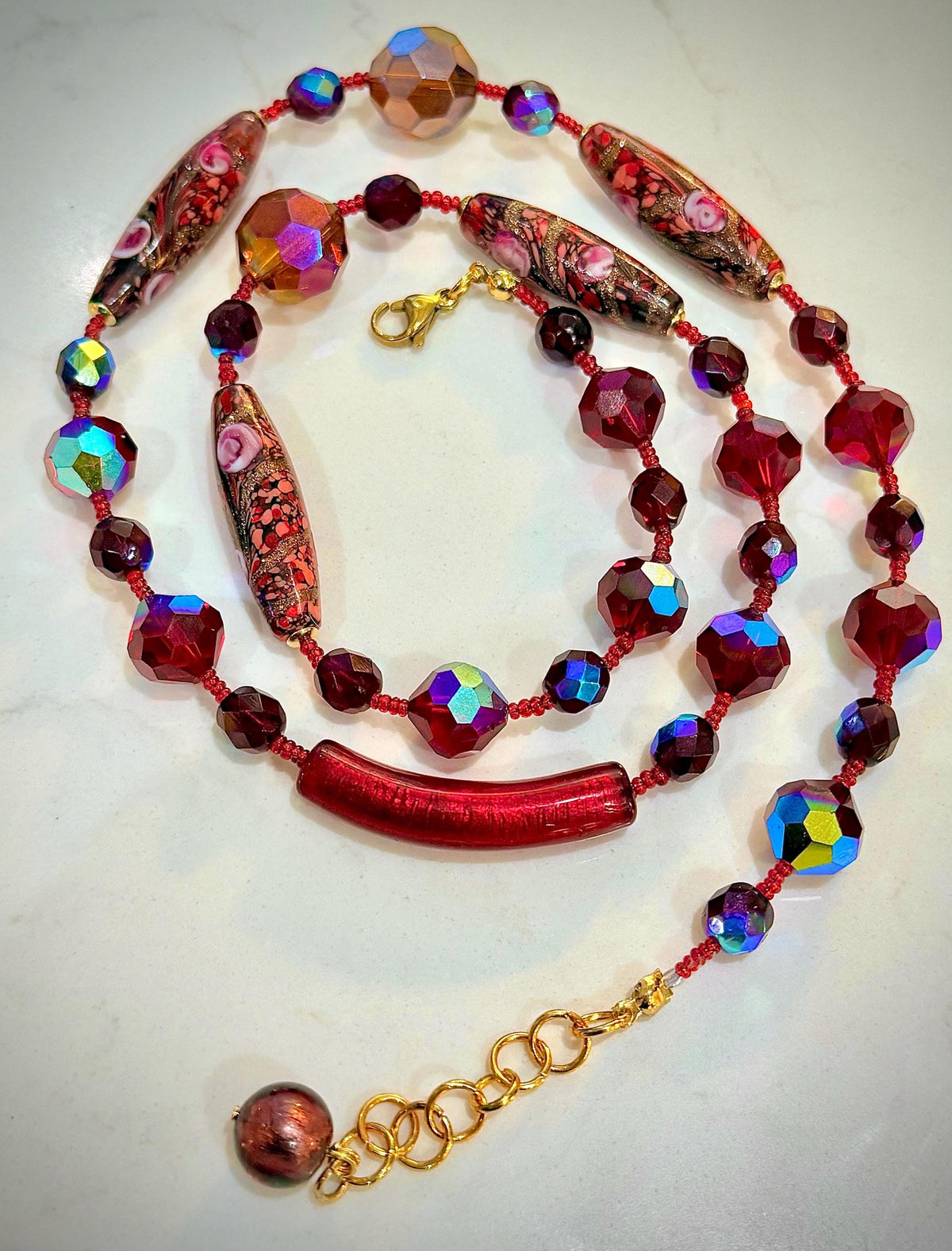 Rosario Leonardi Necklace – Red Torpedo Beads, Swarovski Crystals, Venetian Glass